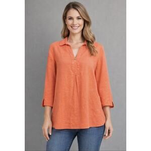 Ellen Tracy 100% Linen Blouse Womens M Coral Orange Tunic Popover 3/4 Sl